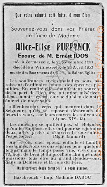 Alice Elise Puppynck pouse de Ernest Ioos, dcde  Winnezeele, le 26 Avril 1953.